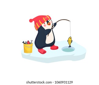 Penguin fisherman caught fish. Cartoon Fisherman and fish. Ice fishing vector