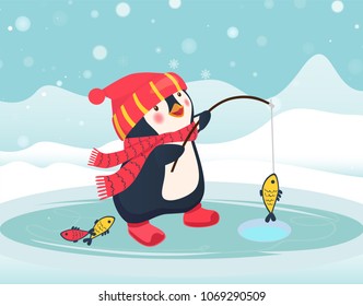 Penguin fisherman caught fish. Cartoon Fisherman and fish. Ice fishing vector