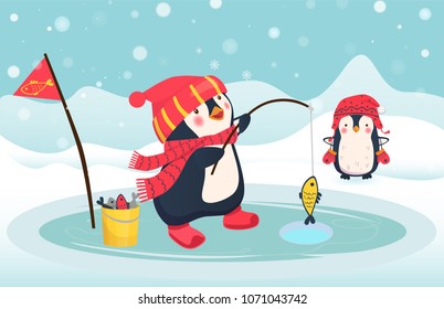 Penguin fisherman caught fish. Cartoon Fisherman and fish. Ice fishing vector