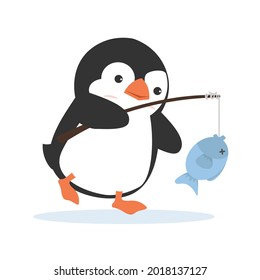  penguin fisherman caught fish vector