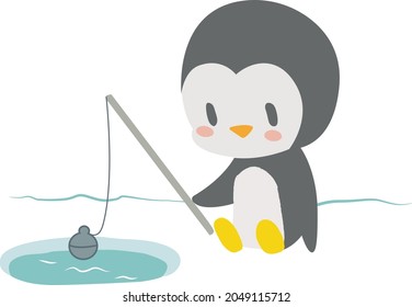 penguin fishing, cute kawaii style children's illustration