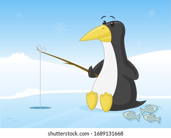 Penguin fishing on frozen body of water