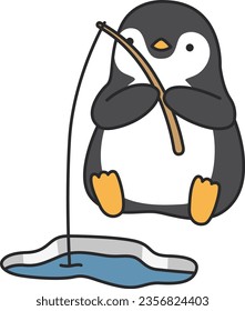 Penguin fishing in the water. Vector illustration.