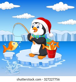 Penguin is fishing wearing santa hat  on the arctic ice