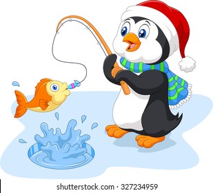 Penguin is fishing wearing santa hat  on the ice