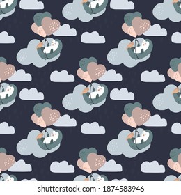 The penguin flies on balloons in the clouds. Seamless background. Decorative wallpaper for the nursery. Vector. Suitable for children's clothing, interior design, packaging, printing.