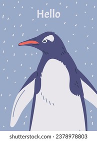 Penguin, flightless seabirds of Antarctica. Cartoon nature pole animal vector illustration. Arctic fauna wild mammal. Hello poster, postcard with snow