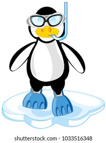 Penguin in flipper and mask cost stand on block of ice
