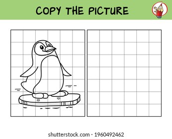 Penguin floating on an ice floe. Copy the picture. Coloring book. Educational game for children. Cartoon vector illustration