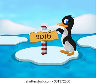Penguin floating on ice illustration with 2016 sign