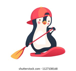 Penguin floating on SUP board. Paddle board. Penguin vector illustration