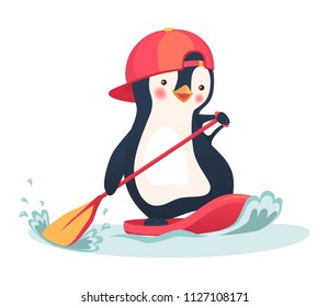 Penguin floating on SUP board. Paddle board. Penguin vector illustration