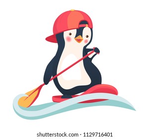 Penguin floating on SUP board. Paddle board. Penguin vector illustration