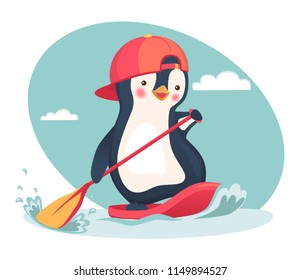 Penguin floating on SUP board. Paddle board. Penguin vector illustration