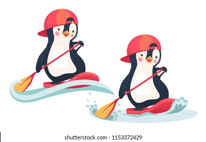 Penguin floating on SUP board. Paddle board. Penguin vector illustration