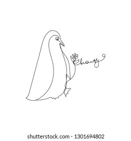 Penguin with flower continuous line vector illustration. One line style sketch drawing of penguin