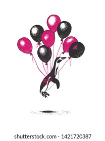Penguin flying on balloons. Vector illustration about a dream come true