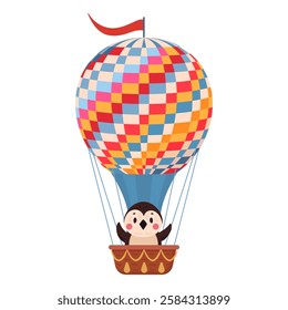 Penguin flying on hot air balloon. Cartoon retro air transport with cute penguin on board, childish flat vector illustration. Flying hot air balloon with animal