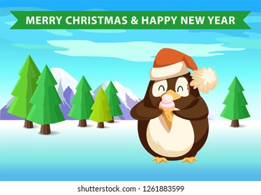 Penguin in forest with ice cream, Christmas and New Year banner. Firs and spruces, mountains and bird in Santa hat with sweet treat in waffle cone vector