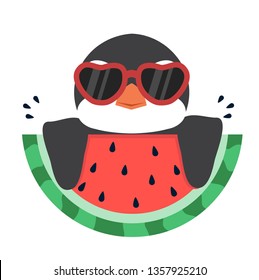penguin with fresh watermelon