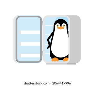 Penguin in fridge. flightless seabird. vector illustration