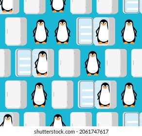 Penguin in fridge pattern seamless. flightless seabird background. vector texture. Baby fabric ornament