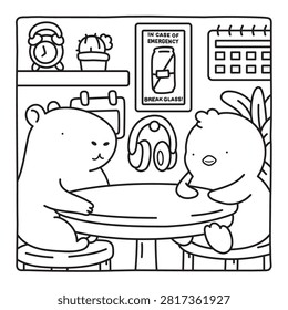 Penguin and a friendly capybara sit together at the table, sharing a calm conversation in a cozy room. Black and white coloring page designed for relaxing coloring fun.