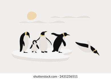 Penguin and Friends Stands On A Large Ice Floe Vector Illustration