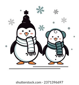 Penguin friends in warm scarves. Winter illustration for congratulations and sublimation