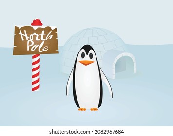 Penguin in front of igloo. vector