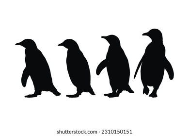 Penguin full body silhouette collection. Wild flightless bird silhouette bundle design. Herbivorous penguins standing silhouette set on a white background. Cute penguin standing in different positions