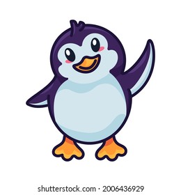 Penguin funny baby bird flapping with wing vector. Happiness aquatic flightless north pole wild animal kid. Positivity emotion beautiful chick welcome gesturing outline flat cartoon illustration