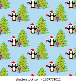 Penguin in funny christmas party costume seamless pattern