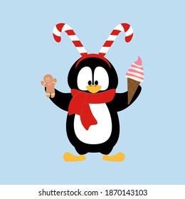 Penguin in funny christmas party costume vector illustration