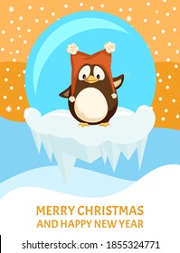 Penguin in funny hat, Christmas greeting card. Bird on ice floe in glass ball, snowflakes and snowdrifts, ridiculous headdress, winter holidays vector