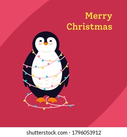 Penguin with garland cartoon greeting Merry Christmas, Winter holidays postcard. Funny happy New year animal winter character. Cute card flat hand drawn penguin banner. Isolated vector illustration