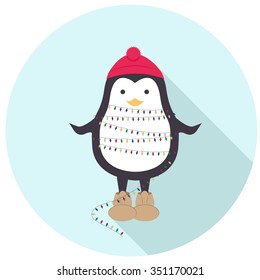 Penguin with a garland flat design