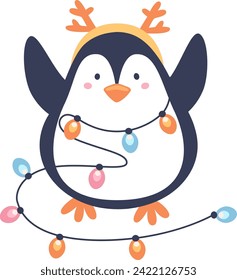Penguin With Garland Vector Illustration