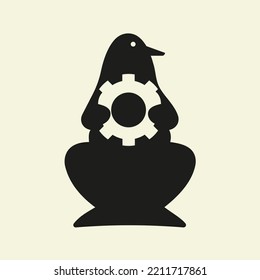 Penguin Gear Logo Negative Space Concept Vector Template. Penguin Holding Gear Symbol