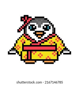 Penguin geisha in a kimono, pixel art animal character on white background. Old school retro 80s, 90s 8 bit slot machine, video game graphics. Cartoon Japan mascot. Maiko girl in a traditional clothes