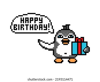 Penguin with a gift box saying "Happy Birthday!", cute cartoon pixel art animal character isolated on white background. Old school retro 80s, 90s 8 bit slot machine,  video game graphics.