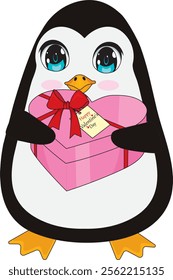 Penguin with gift box valentine vector