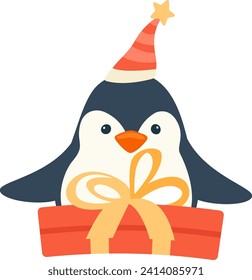 Pingüino Con Ilustración Del Vector De Caja De Regalo