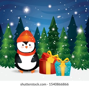 penguin with gift boxes in winter scene vector illustration design