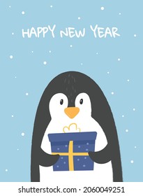 Penguin with gift. Congratulation for new year.