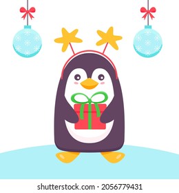 penguin with a gift and a rim of stars on his head. Christmas and New Year concept. New Year's penguin for Christmas. Vector illustration