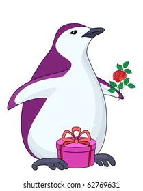 Penguin with gift and rose