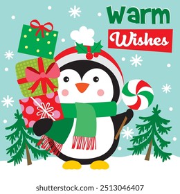 Penguin and Gifts For Christmas Card or Bag design