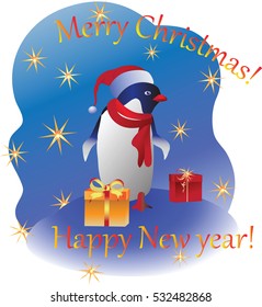 Penguin with gifts. Vector image. Design a Christmas card, banner, poster, invitations.