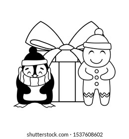 penguin and gingerbread man with gift box on white background vector illustration design